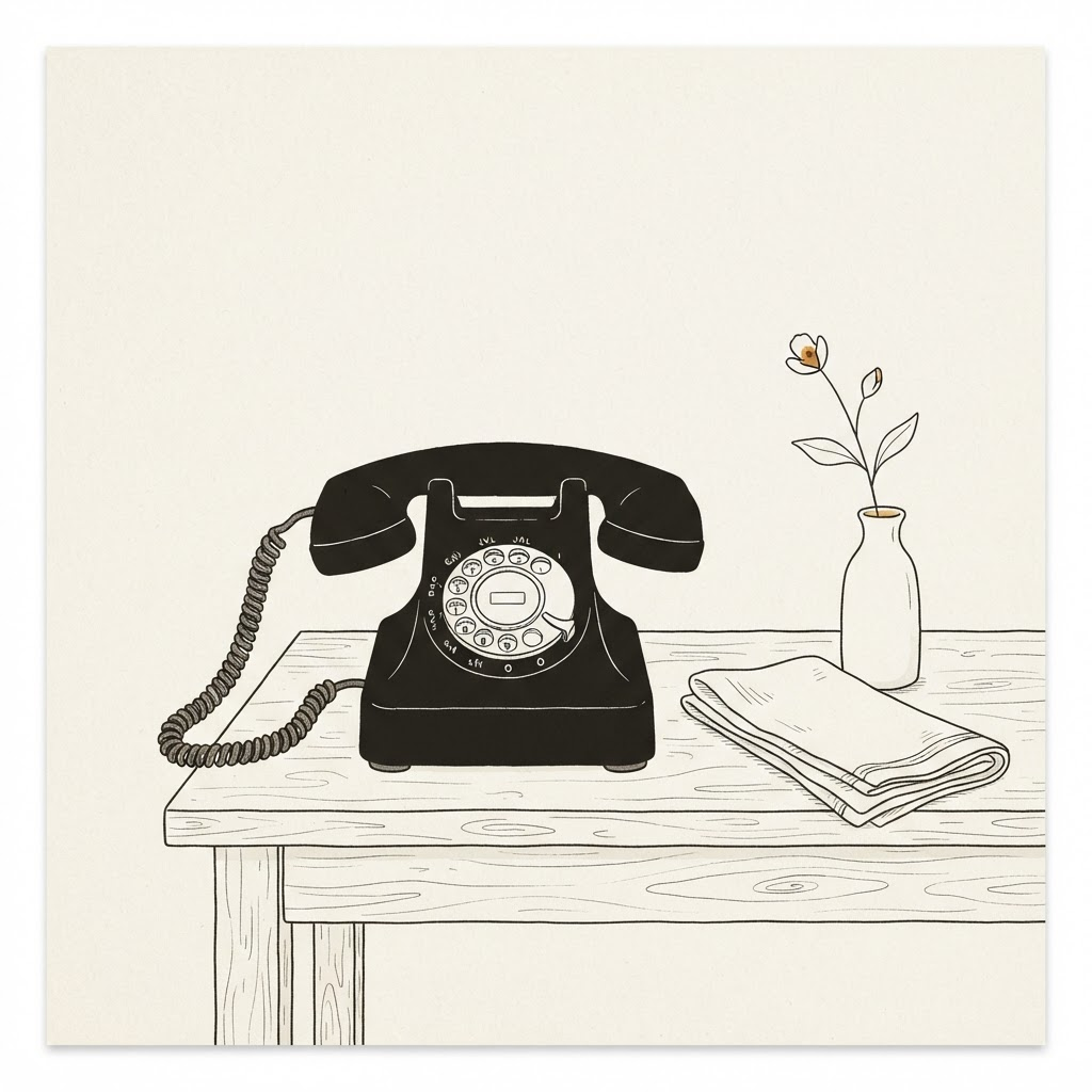 Illustration sobre d'un téléphone à fil posé sur une table en bois, près d'une petite fleur, évoquant l'appel quotidien d'Ariane.