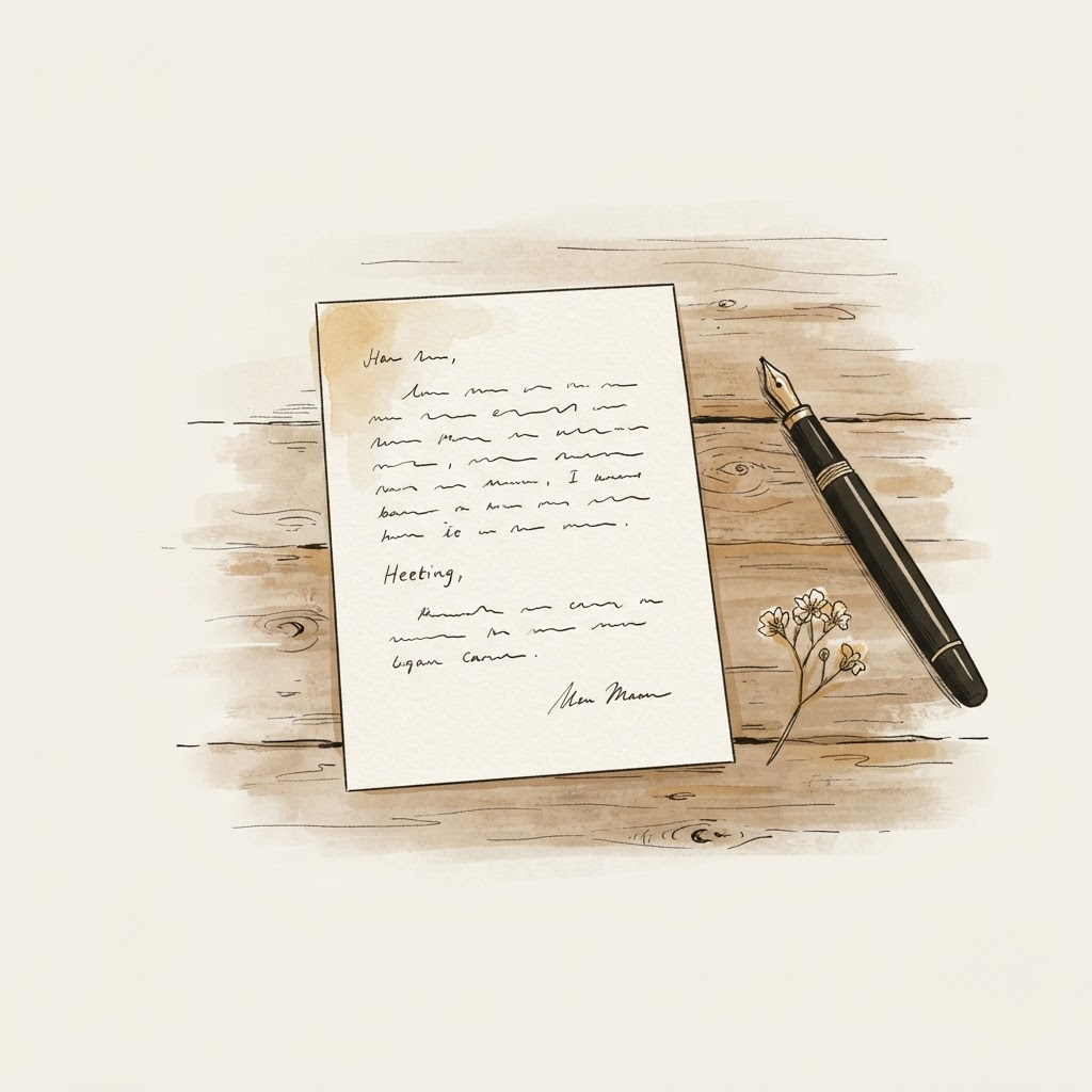 Illustration sobre d'une lettre manuscrite posée sur une table en bois, près d'un stylo à plume et d'une fleur séchée.